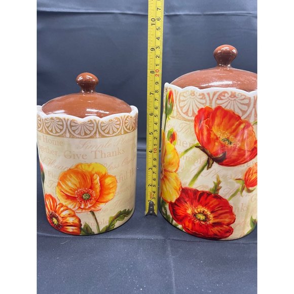 Poppy Canister Set 2 Give Thanks Retro Ceramic Flowers Cookie Jar - Picture 2 of 6